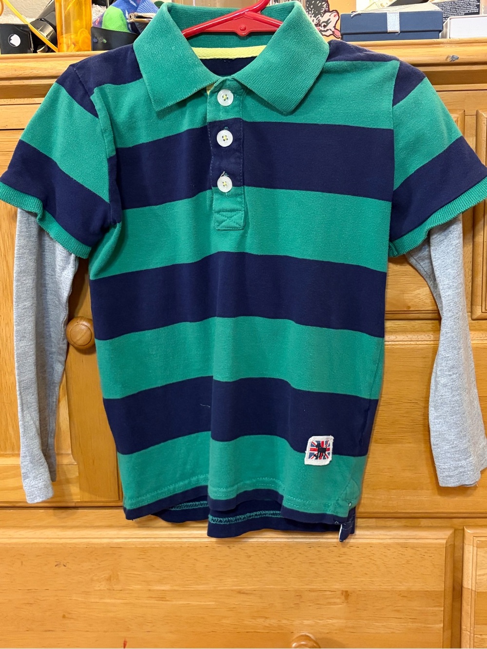 Mini Boden Boys' Green and Blue Striped Polo-Style Shirt w/Gray Long-Sleeve 3-4Y